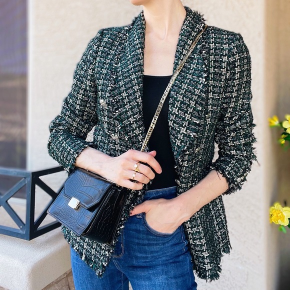 Rachel Zoe Jackets & Blazers - RACHEL ZOE Green & Black Textured Boucle Tweed Fringe Blazer Suit Jacket M